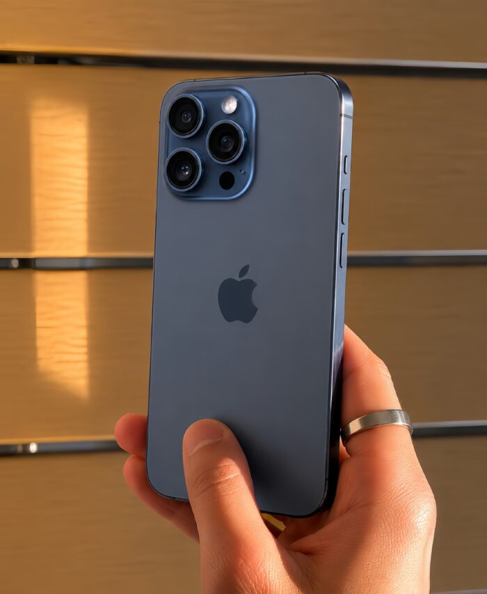 iPhone 15 Pro Max azul fondo madera