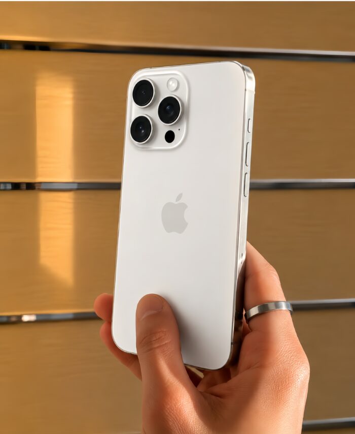 iPhone 15 Pro Max blanco fondo madera