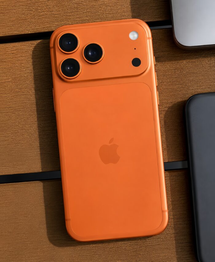 iPhone 17 naranja fondo madera