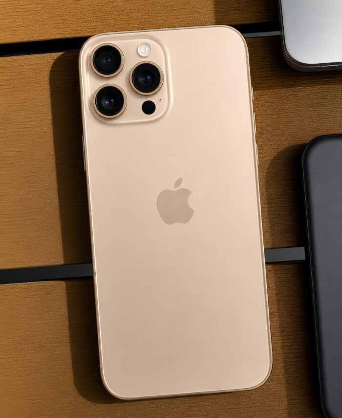 iPhone 16 Pro Max Dorado fondo madera