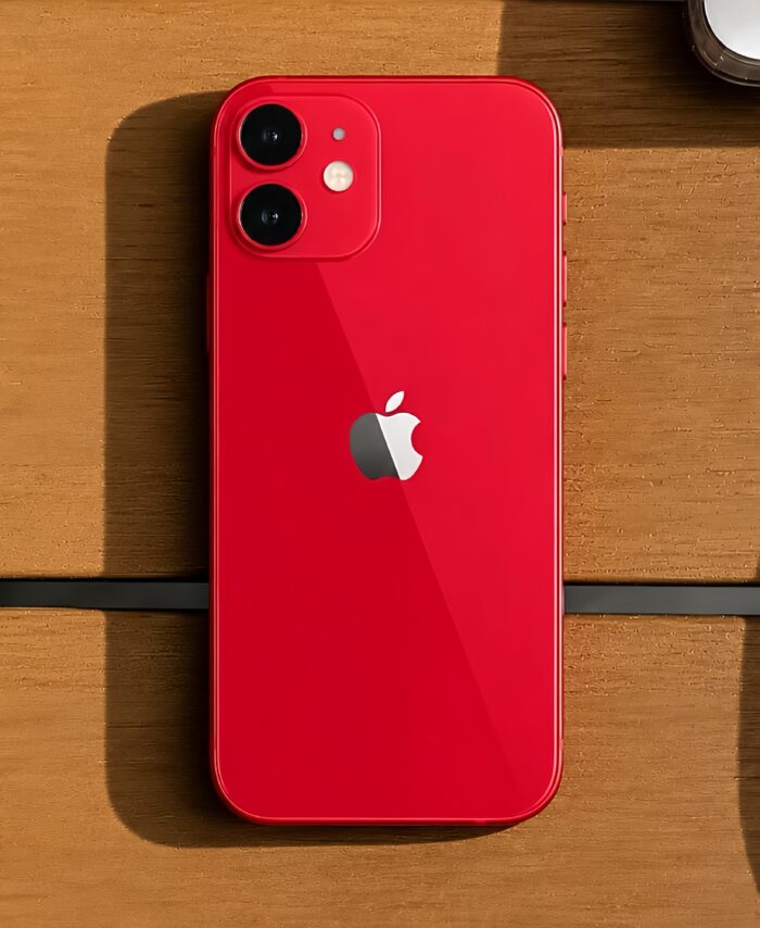 iPhone 11 rojo sobre mesa
