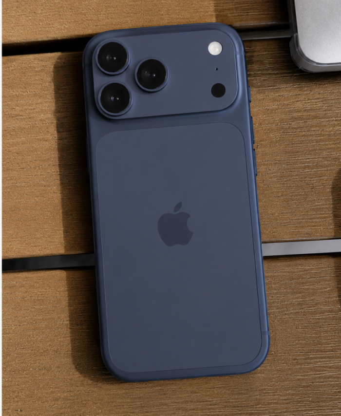 iPhone 17 pro azul fondo madera